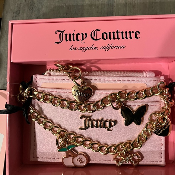 Juicy Couture Pink Card Case with Zipper, Gold Tone Charm Chain Wristlet - Picture 2 of 4